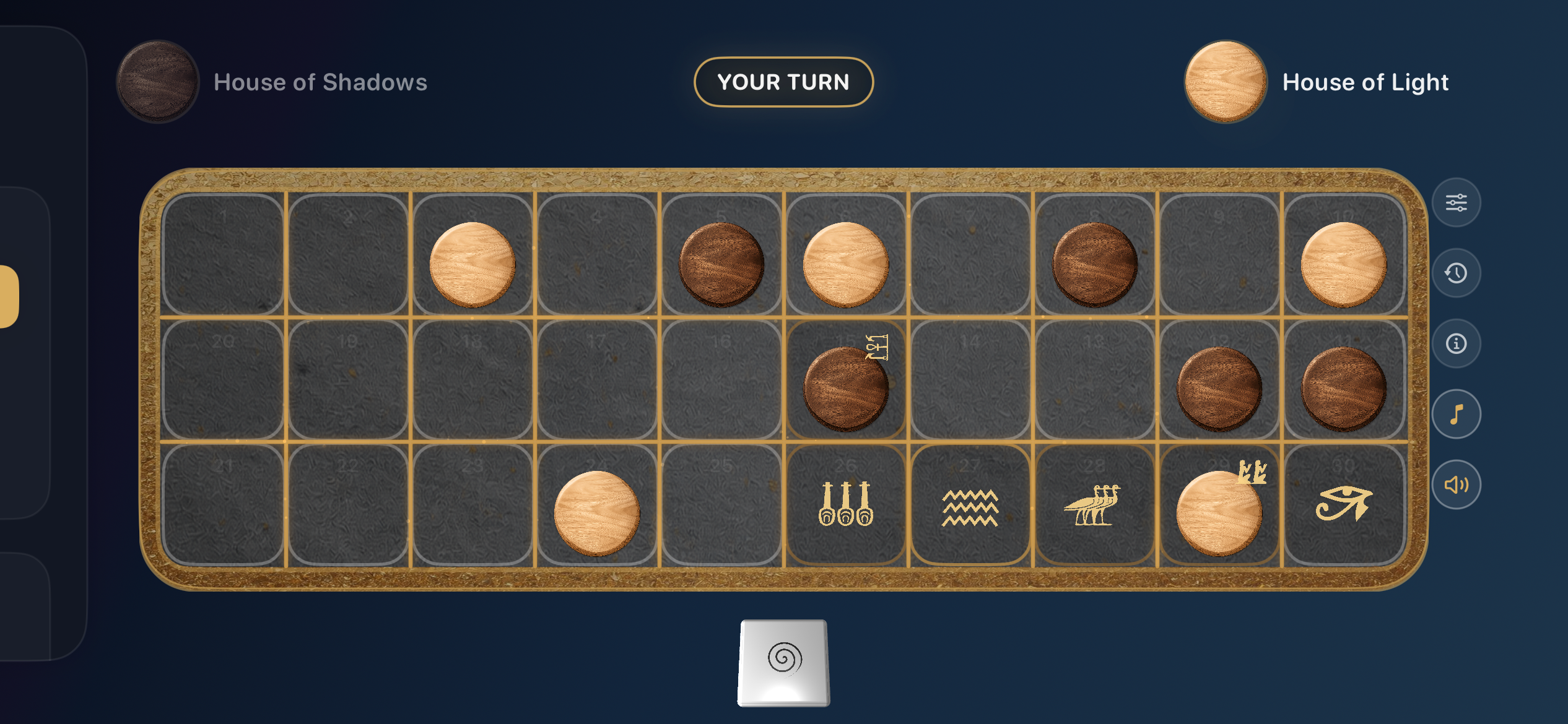 Senet Reborn auf einem iPhone im Querformat: goldenes Spielfeld mit hellen und dunklen Spielsteinen
