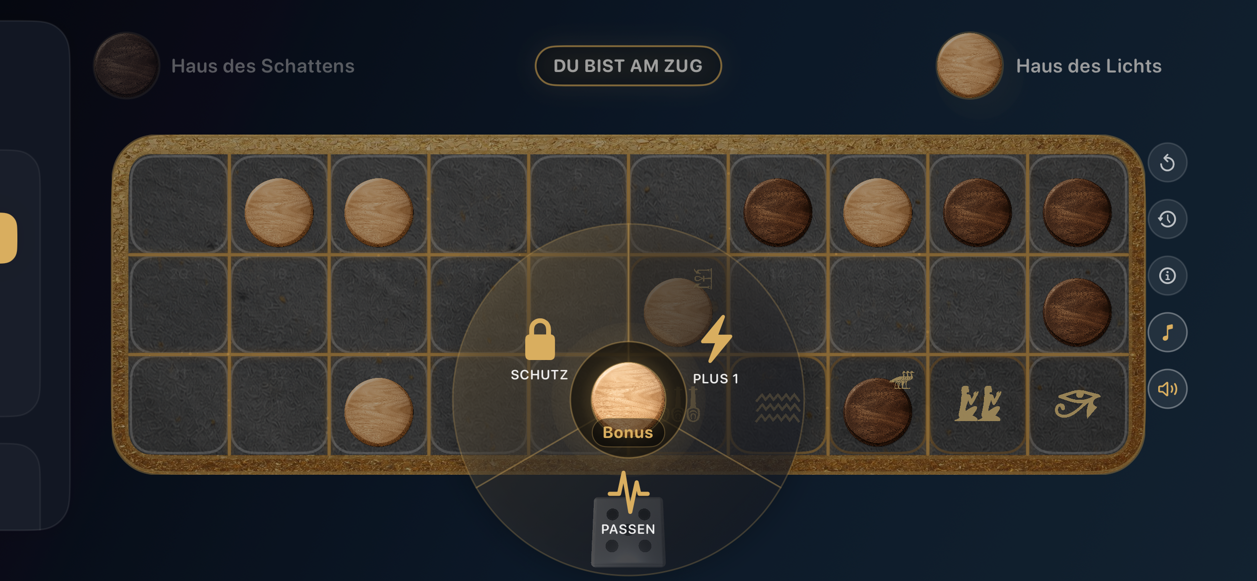 Bonus-Auswahl im Spiel: Schutz, Plus 1 oder Passen